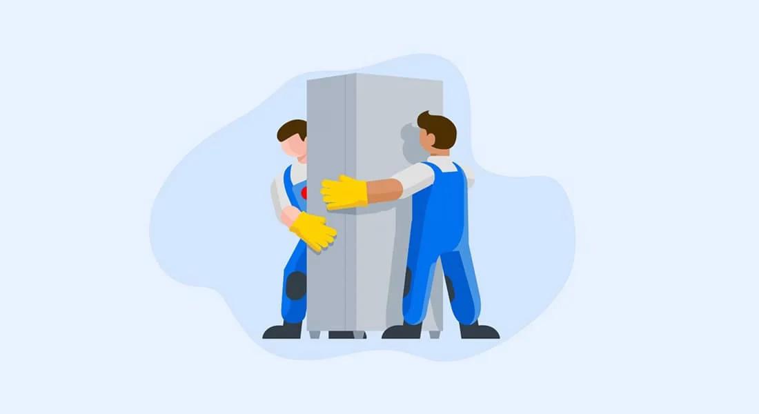 Two cartoon movers in blue overalls and yellow gloves are carrying a large rectangular object, such as a refrigerator, together.