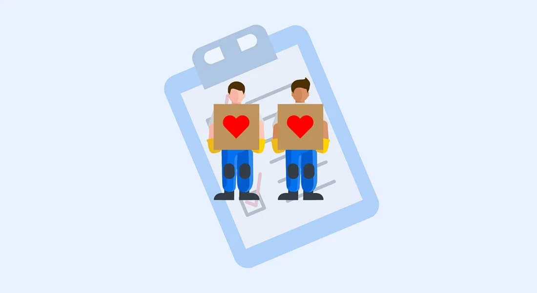 Illustration of two movers holding boxes with heart symbols in front of a clipboard