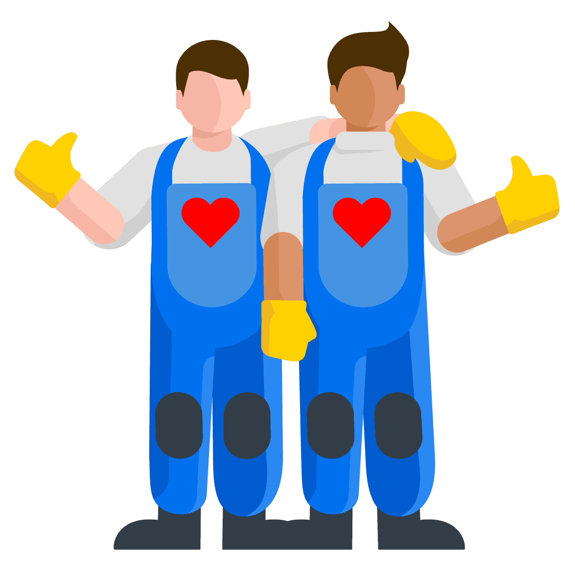 Two cartoon movers, both wearing blue overalls with red hearts and yellow gloves, are standing side by side, each giving a thumbs-up.