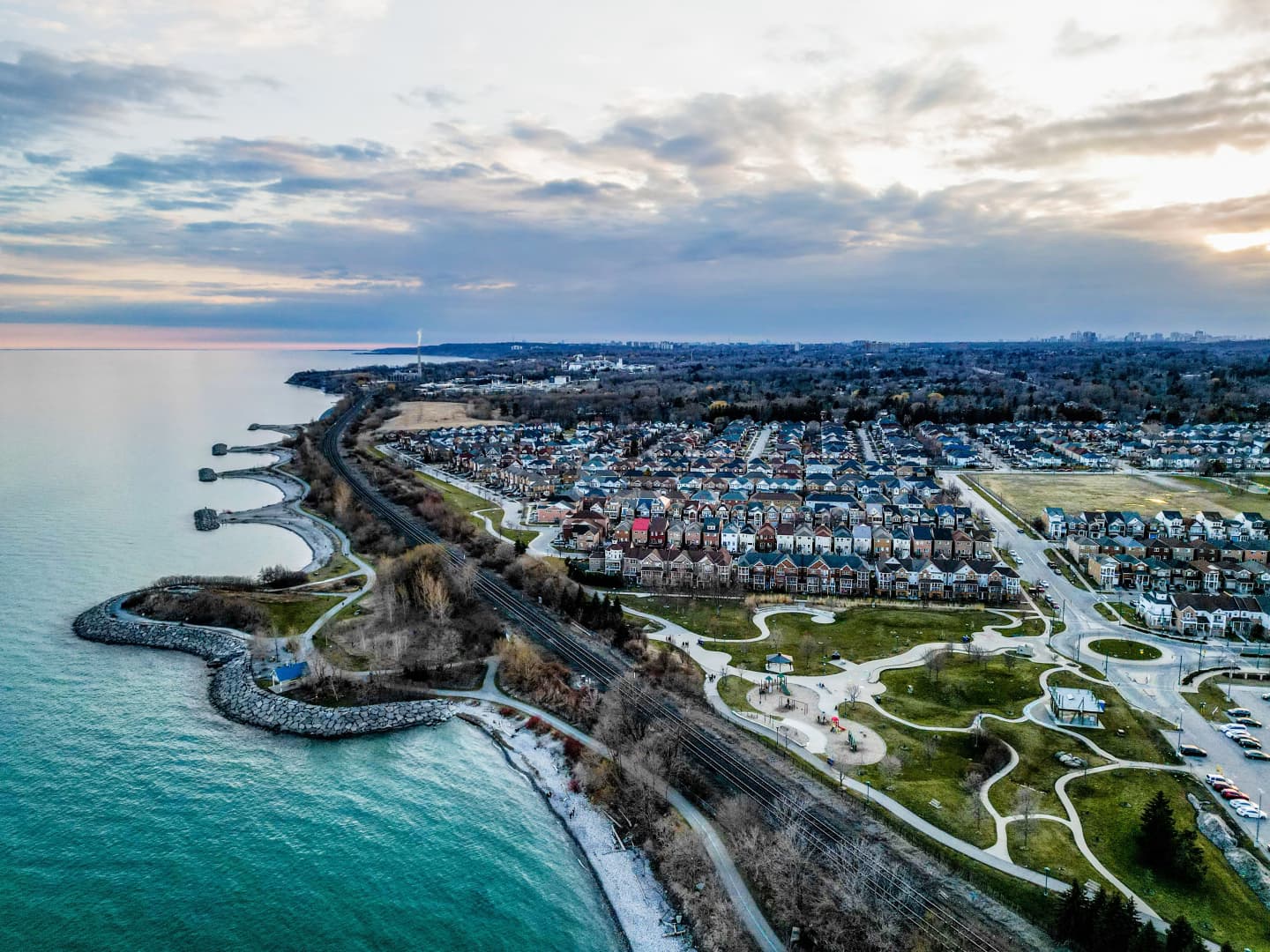 Aerial view of Pickering, Ontario, showing residential neighbourhoods along the waterfront.