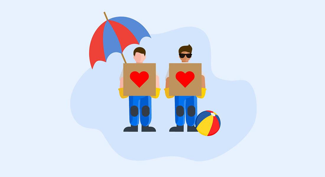 Illustration of two movers holding boxes with heart symbols, with an umbrella and beach ball beside them