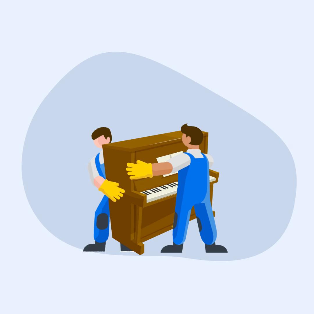 Illustration of two movers in uniforms carrying a piano.