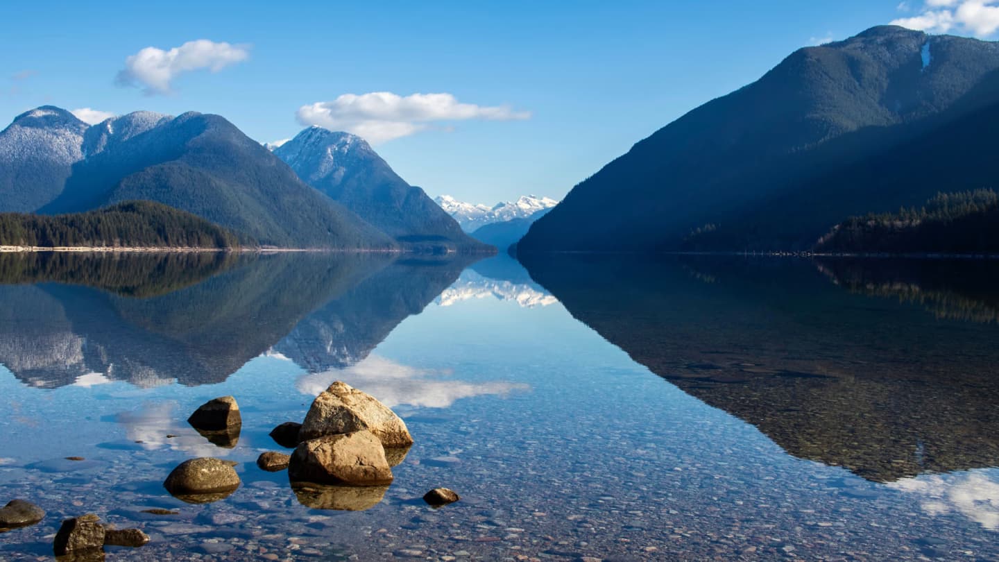 Serene mountain landscape with clear reflections in the water of Alouette Lake in British Columbia.