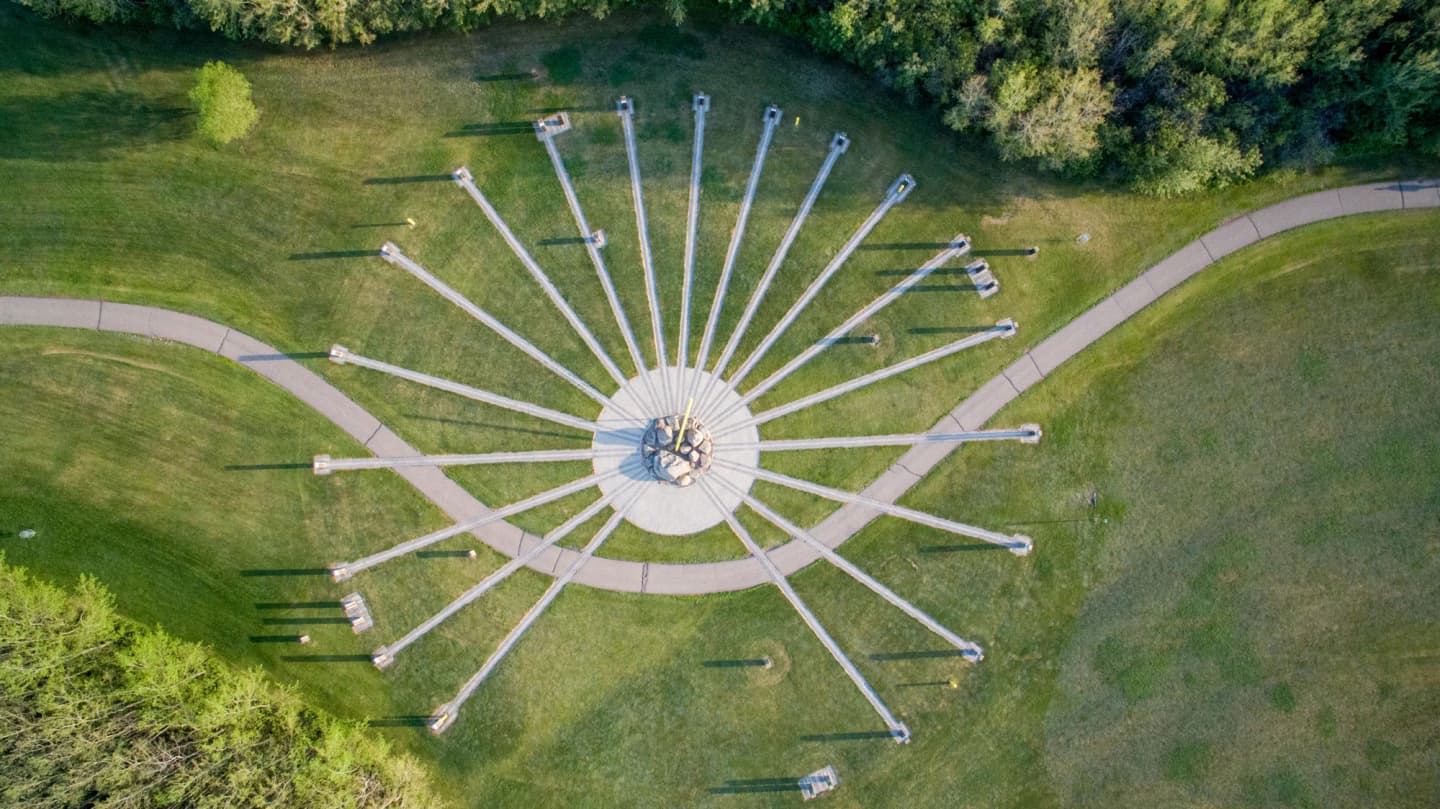 Aerial view of the Border Markers, a sundial-like sculpture symbolizing the Alberta-Saskatchewan border in Lloydminster