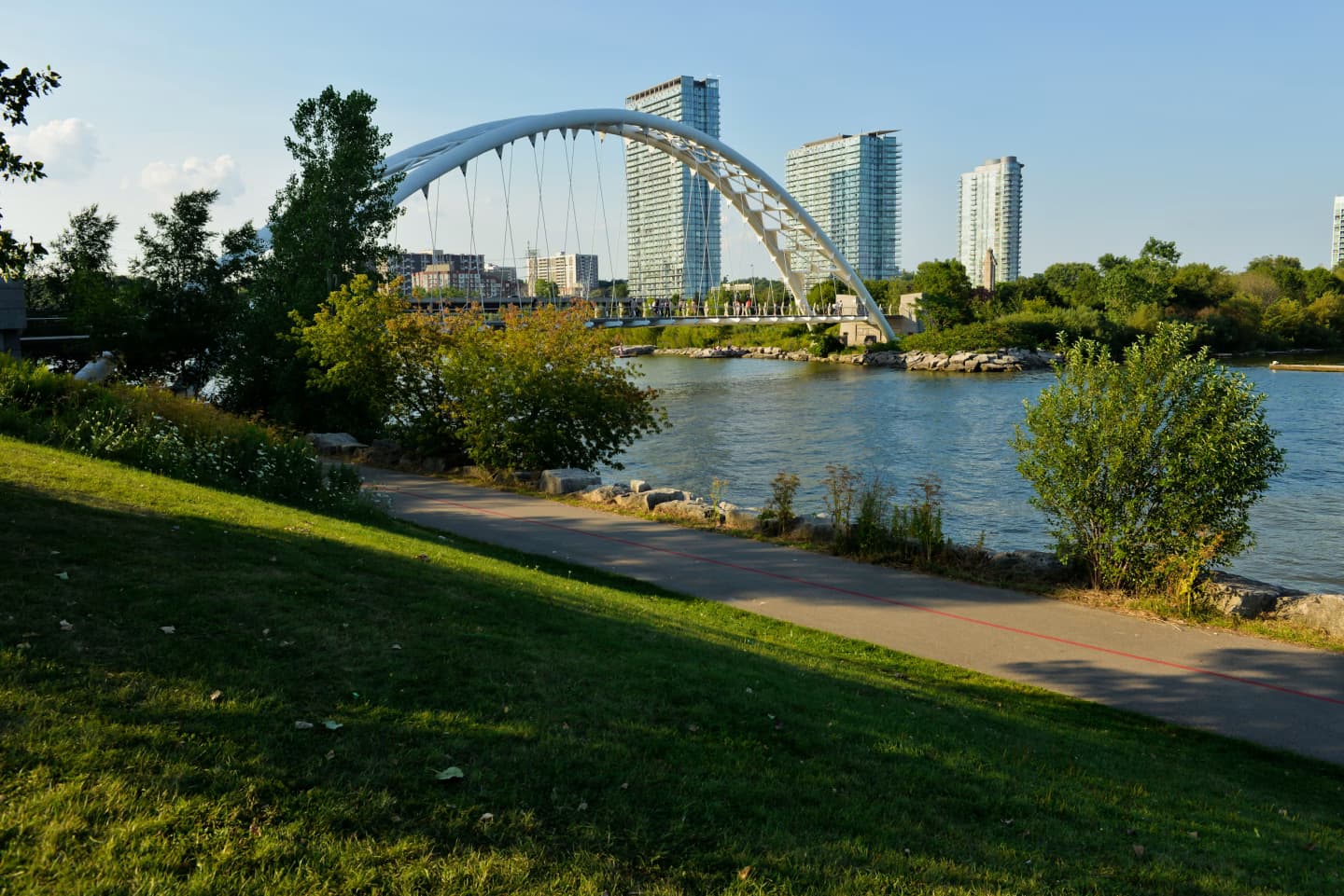 Humber Bay Arch Bridge over the Humber River with modern buildings in the background, viewed from Etobicoke, Toronto, Ontario.