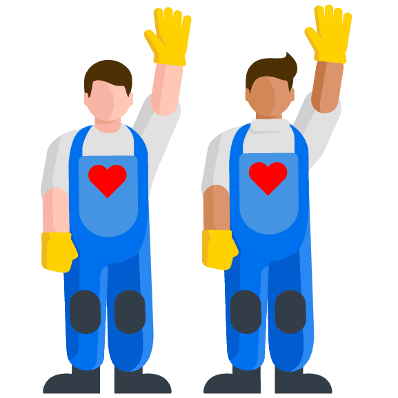 Illustration of two movers wearing uniforms with hearts, waving