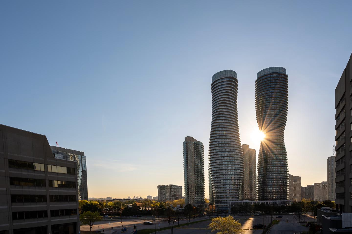 Sunset view of the Absolute World Towers, also known as the Marilyn Monroe Towers, in Mississauga, Ontario.