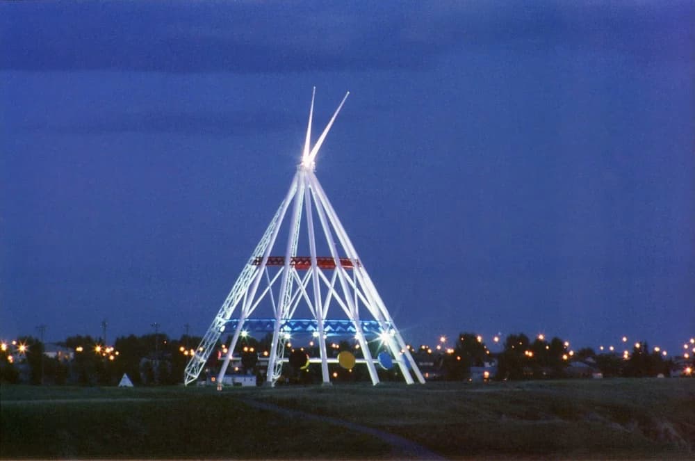 Saamis Tepee illuminated at night in Medicine Hat, Alberta