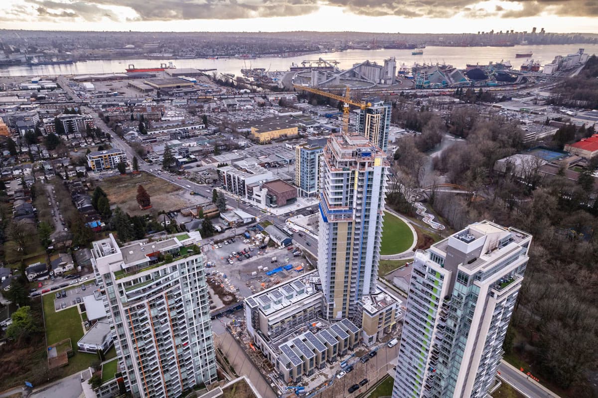 Aerial view of high-rise buildings and cityscape in North Vancouver, British Columbia