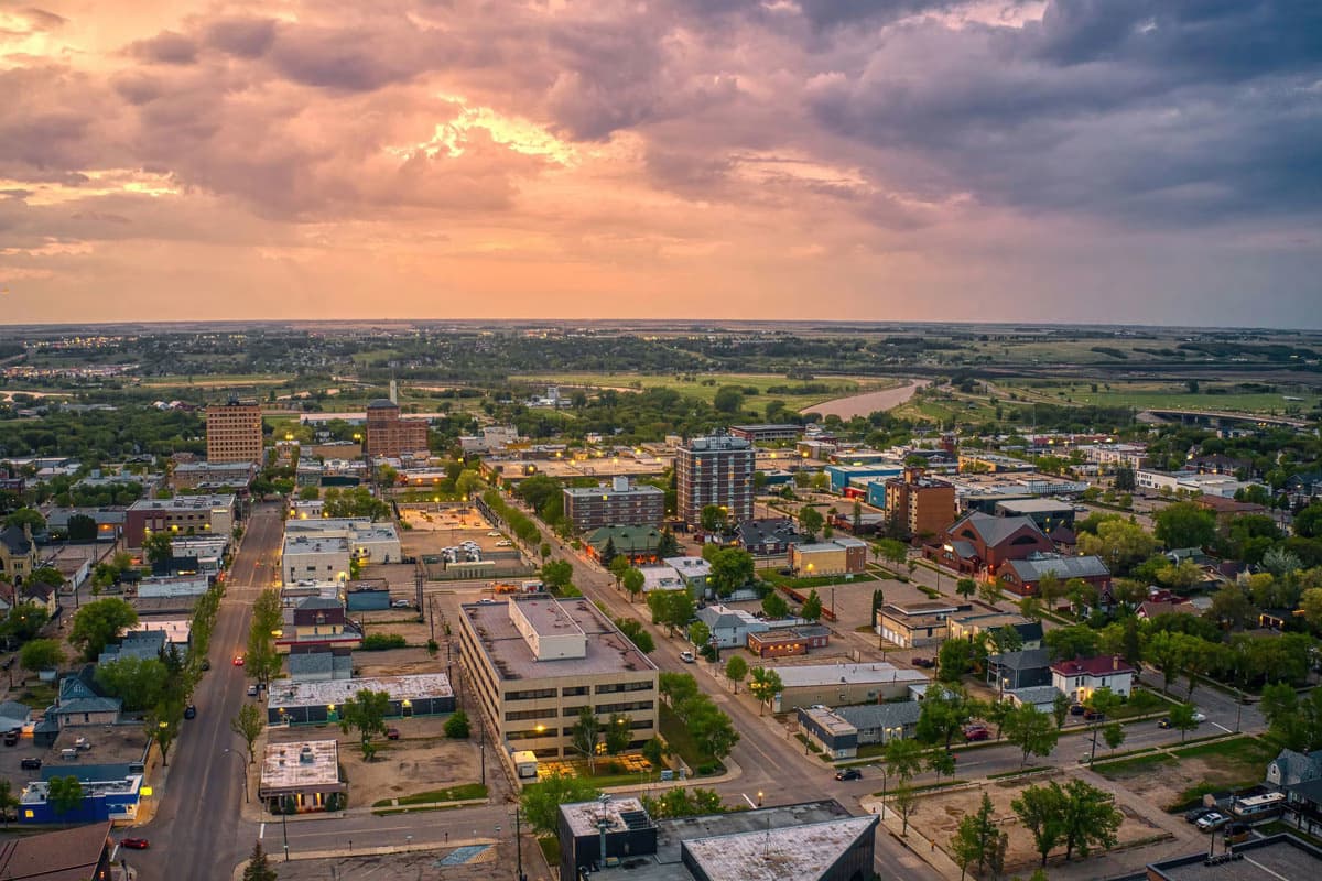 Aerial view of Brandon, Manitoba, at sunset.