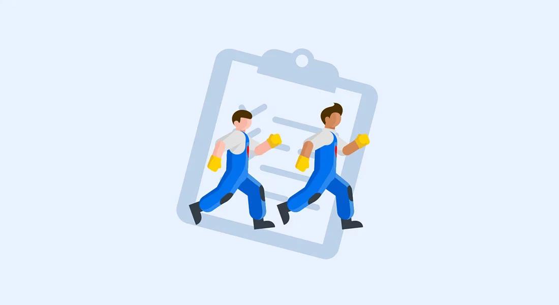 Illustration of two movers in uniforms running in front of a clipboard